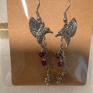 Charming Silver Hummingbird Earrings with Red Beads